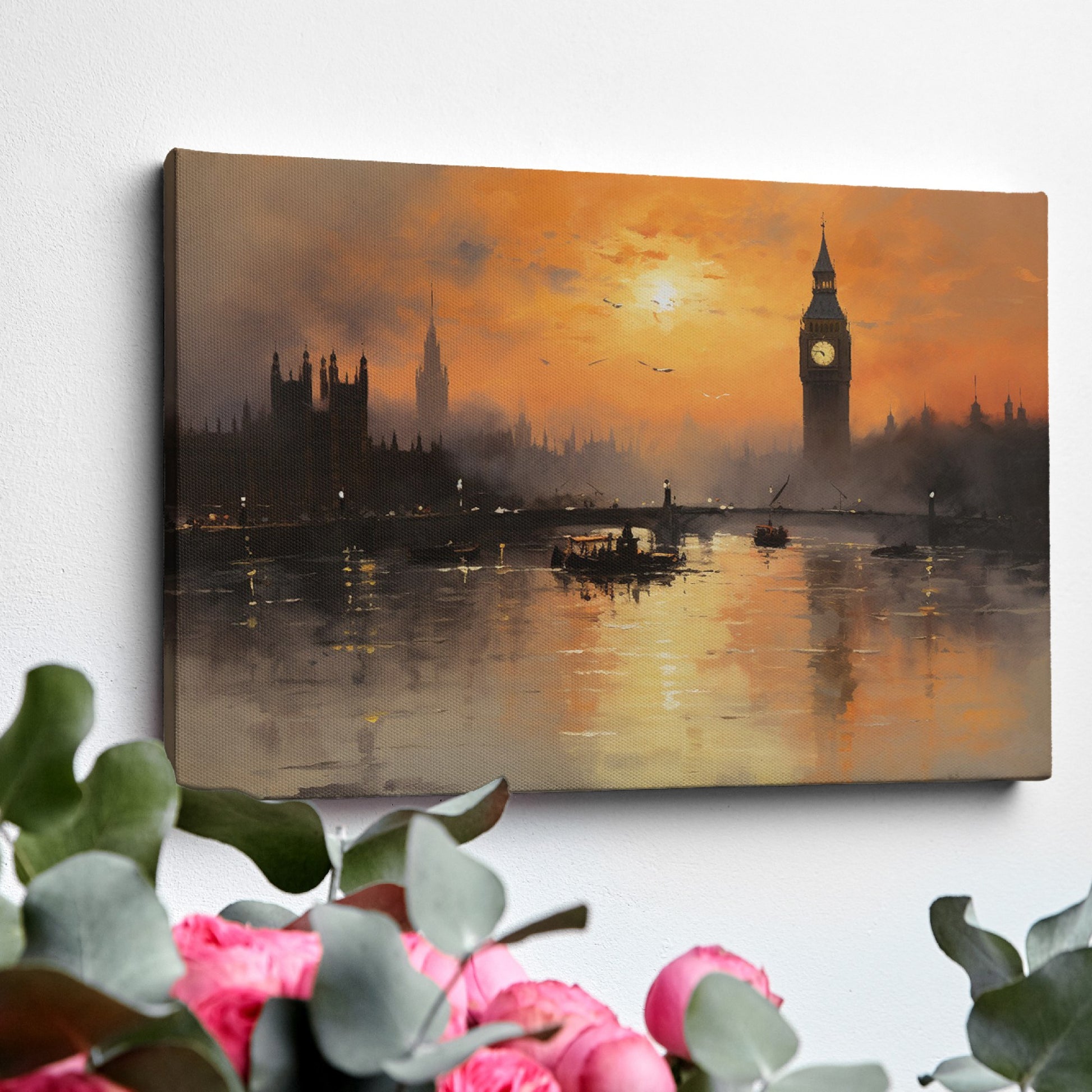 Framed canvas print of London skyline at sunset with Big Ben and River Thames