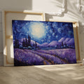 Framed canvas print of an impressionist-inspired landscape with lavender fields and swirling night sky