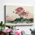 Framed canvas print of a serene cherry blossom tree amidst a minimalist mountain range