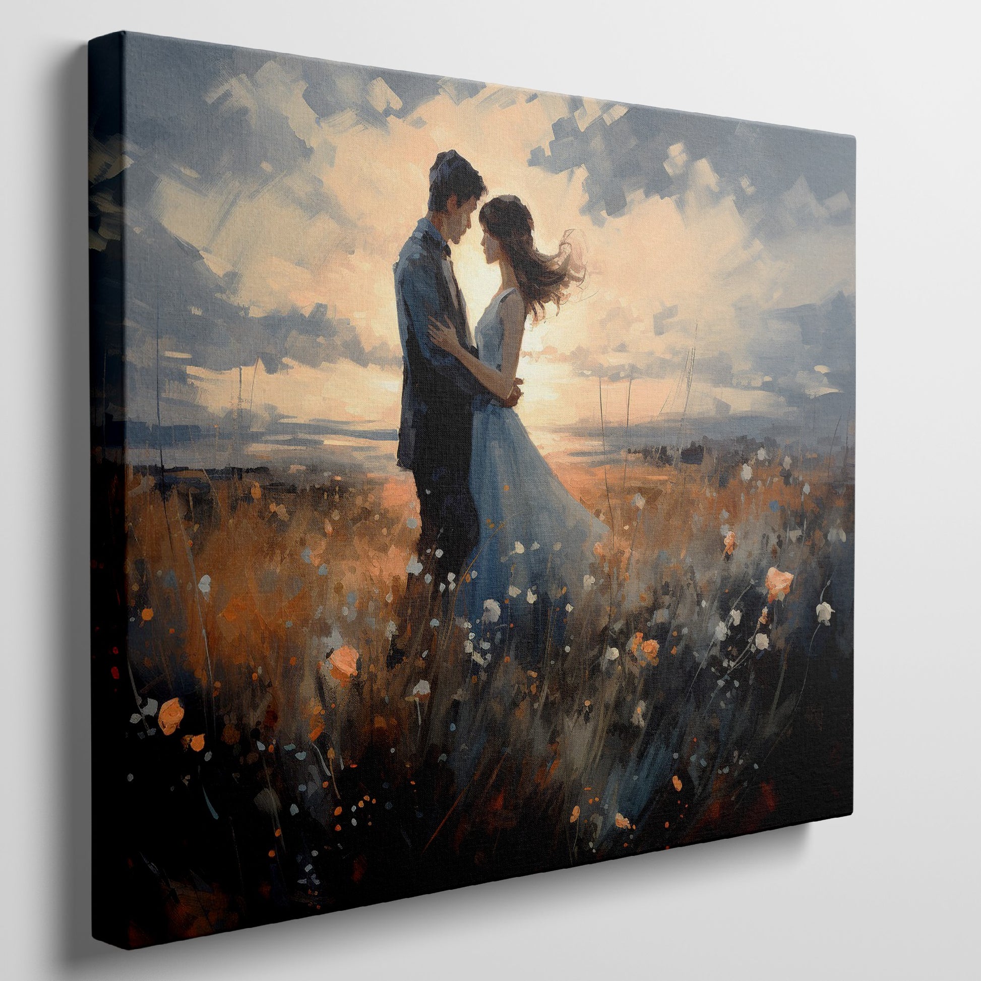 Framed canvas print of a couple embracing in a field at sunset with vibrant colours