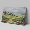 Framed canvas print of a lush Tuscan vineyard landscape with green vine rows and rustic farmhouse