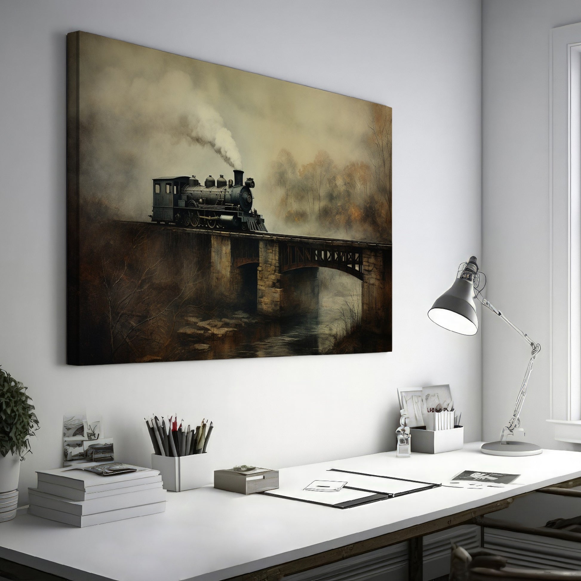 Framed canvas print of a vintage steam locomotive crossing a bridge amidst fog and autumnal trees