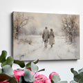 Framed canvas print of a couple walking hand-in-hand through a tranquil snowy landscape with warm earthy tones and soft whites.