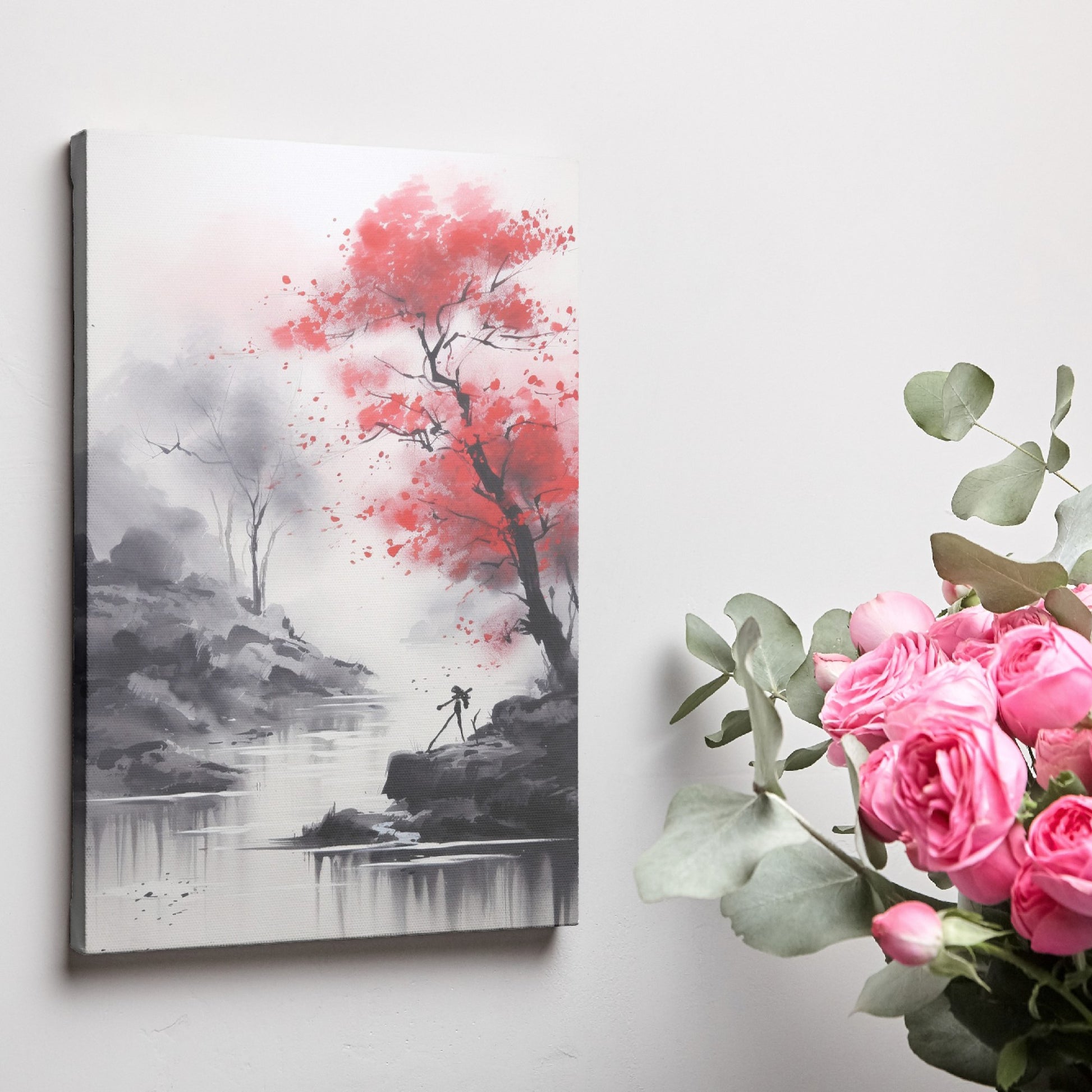 Framed canvas print of an ink wash painting featuring a bold red tree against a tranquil monochrome river landscape