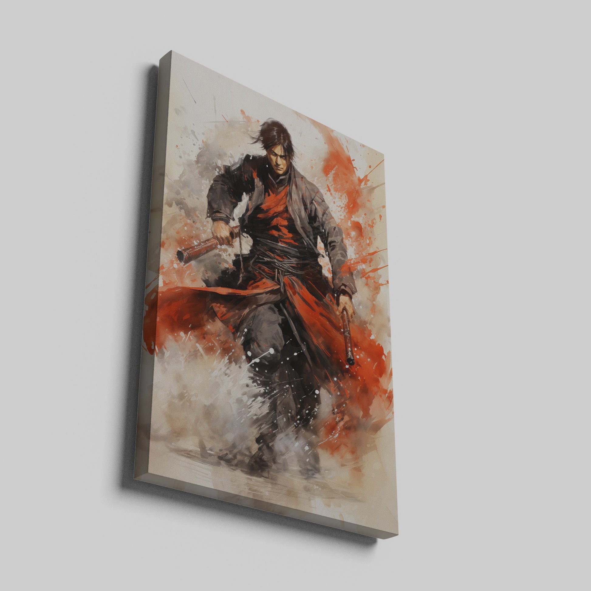 Framed canvas print of dynamic Samurai warrior in action with vibrant splashes of red and bold ink splatters