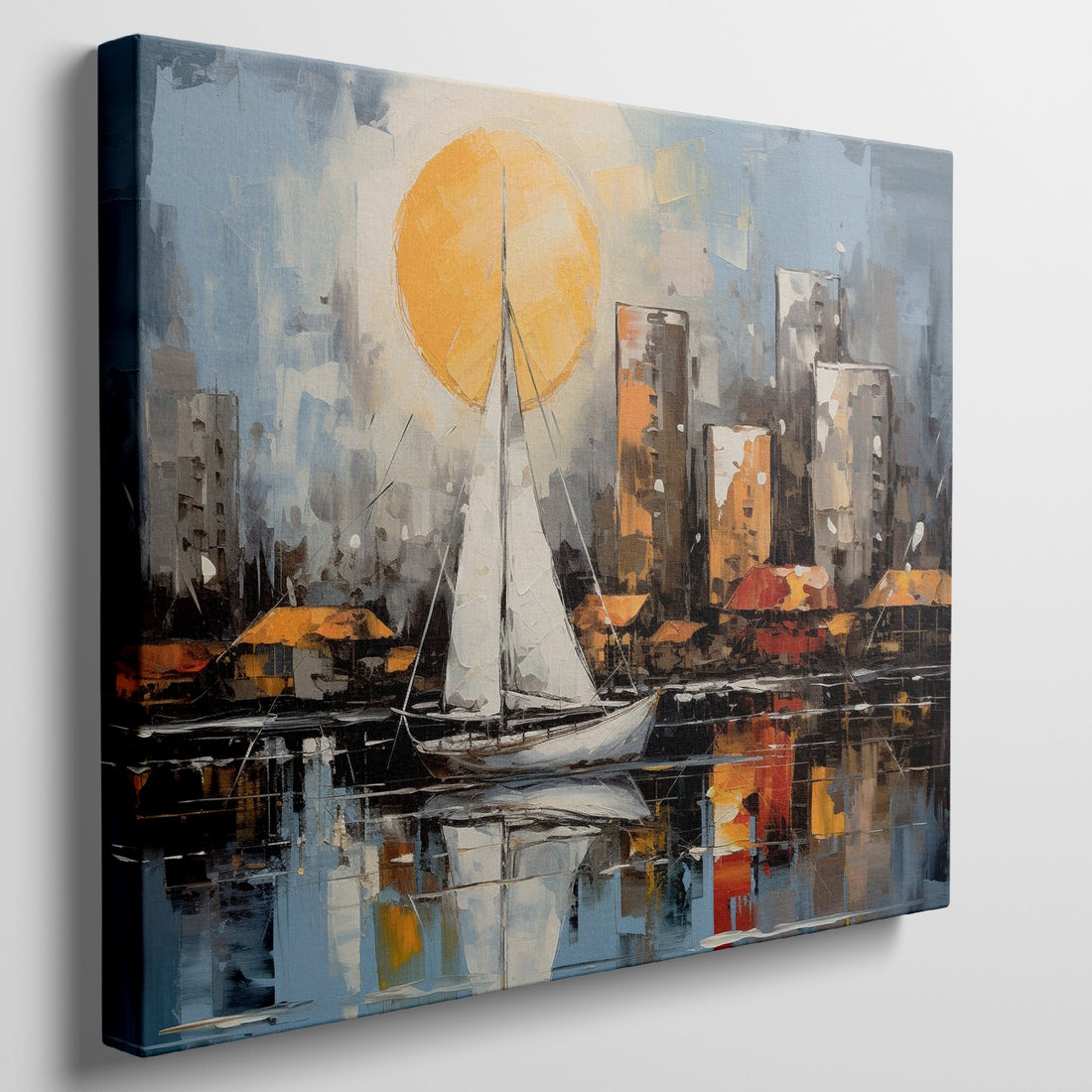 Abstract painting of a white sailboat on calm waters with a sunset and city skyline in the background, featuring blue skies and yellow-orange reflections.