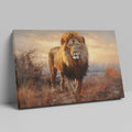 Framed canvas print of a realistic lion amidst a warm-toned African savannah landscape