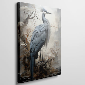 Framed canvas print of a heron standing in a mystical foggy landscape with autumnal trees