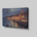 Framed canvas print of a moonlit Mediterranean coastal town with glowing street lamps