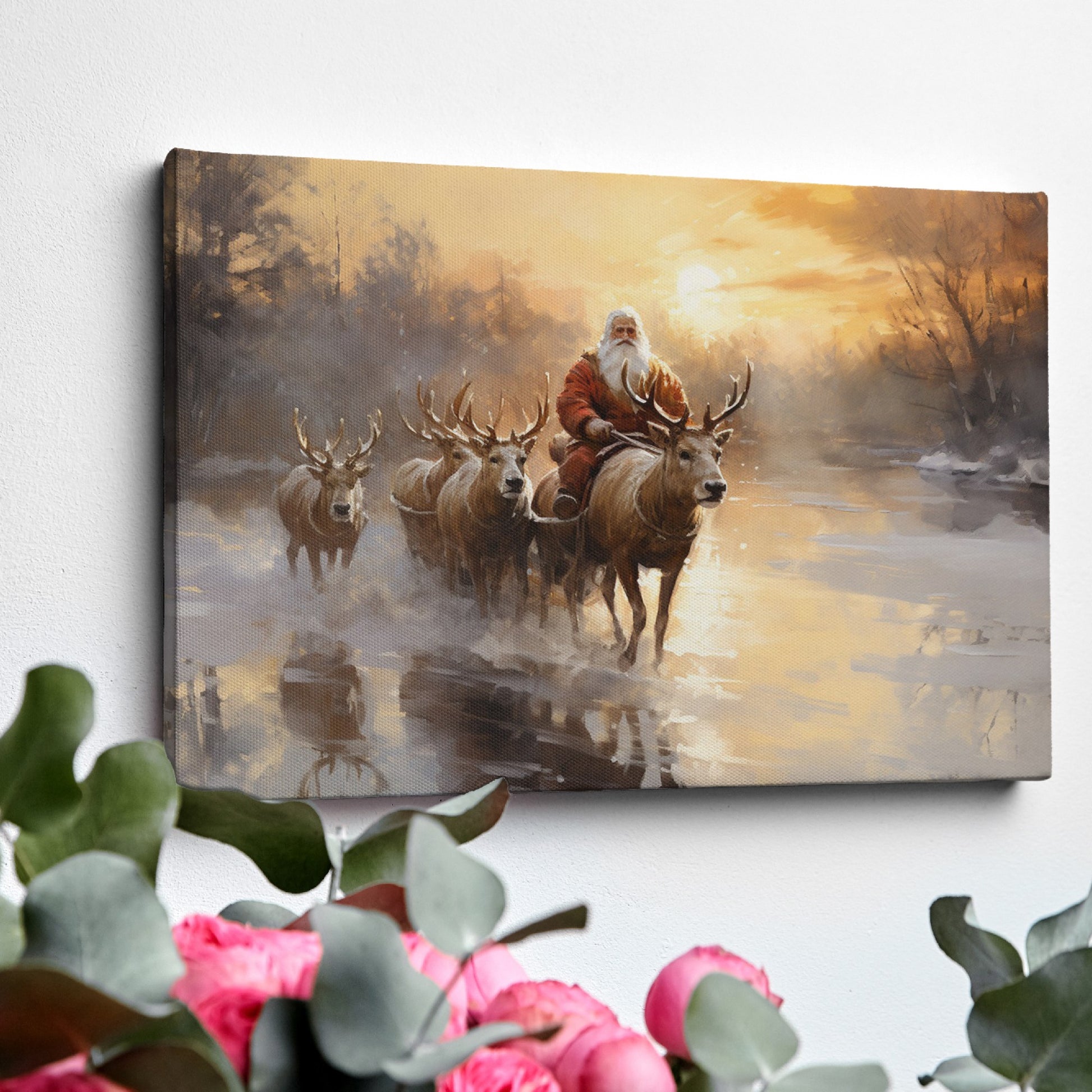 Framed canvas print of Santa Claus with reindeer in a winter sunset landscape