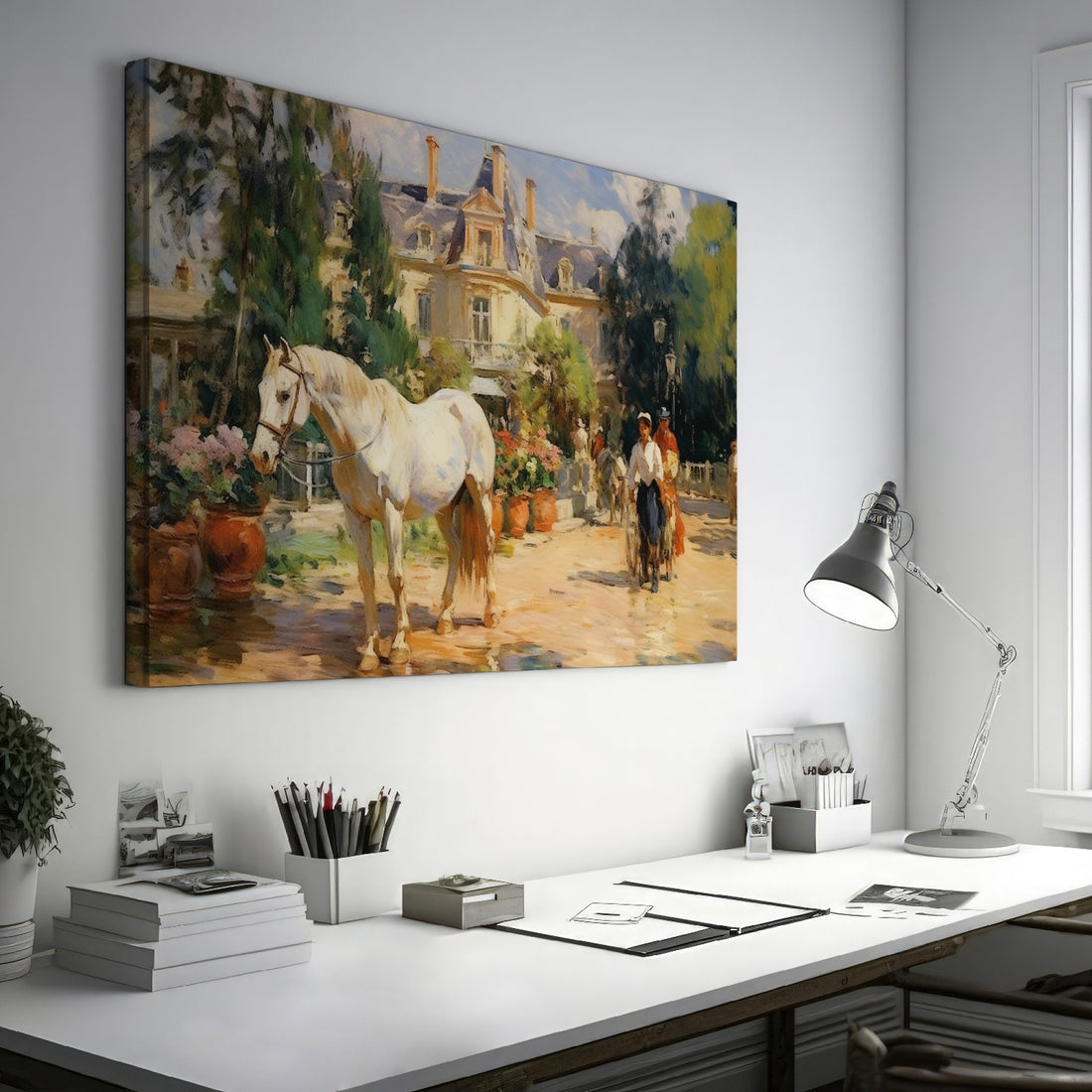 Framed canvas print of an impressionist painting featuring a white horse, a Victorian estate, and garden scenery