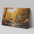 Digital painting of two stags by a river in an autumn forest with a sunset in the background