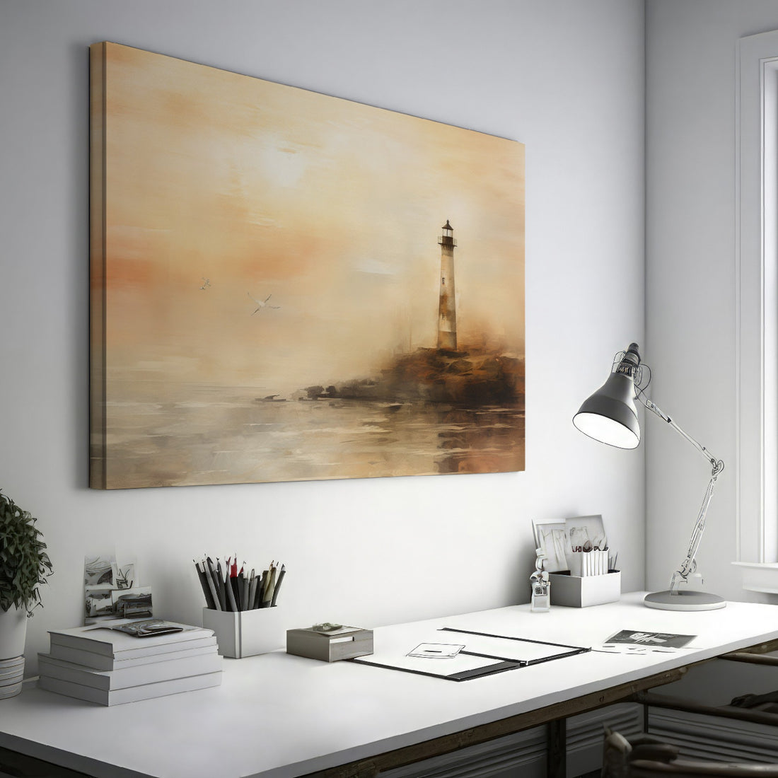 Watercolor painting of a lighthouse at sunset with orange and beige tones and birds in the sky