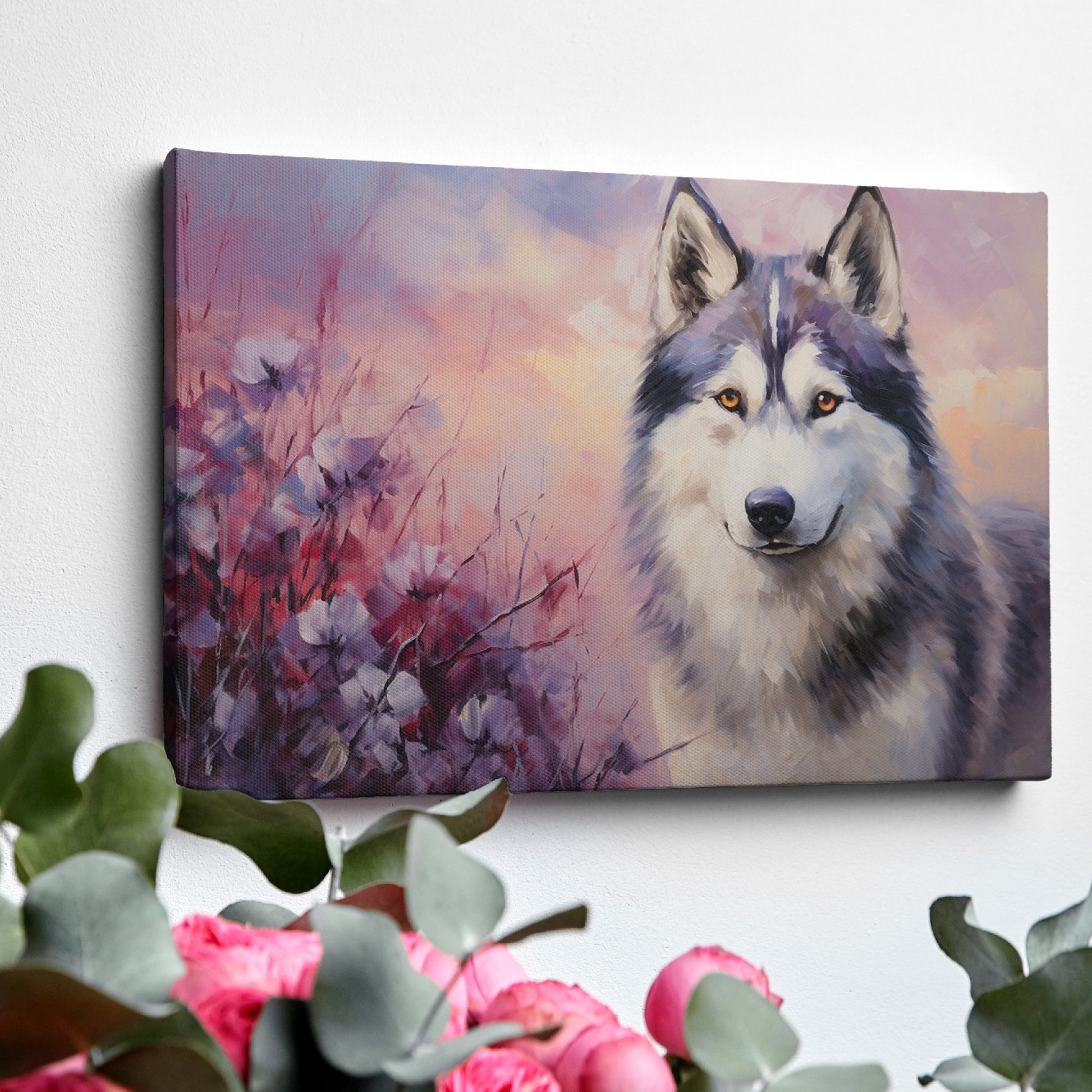 Framed canvas print of a stylised wolf portrait with a pastel floral background and sunset colours