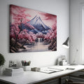 Framed canvas print of Mount Fuji with cherry blossoms and reflective lake