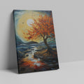 Framed canvas print of an autumnal tree with orange and red leaves against a sunset over a blue seascape