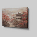 Framed canvas print of Oriental Asian Pagoda scene with Cherry Blossoms and misty mountain backdrop