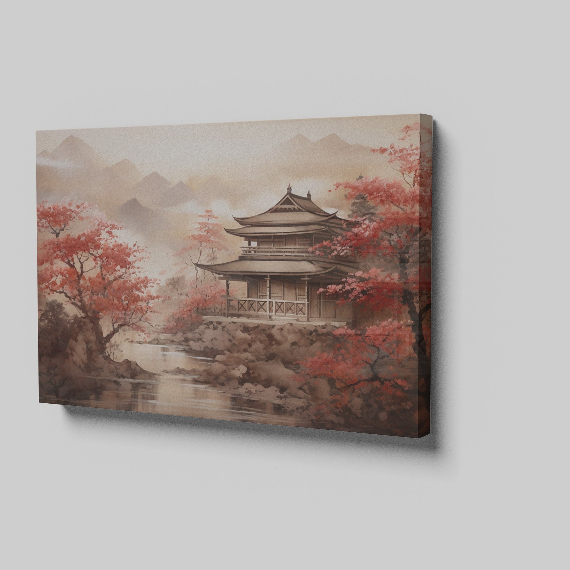 Framed canvas print of Oriental Asian Pagoda scene with Cherry Blossoms and misty mountain backdrop