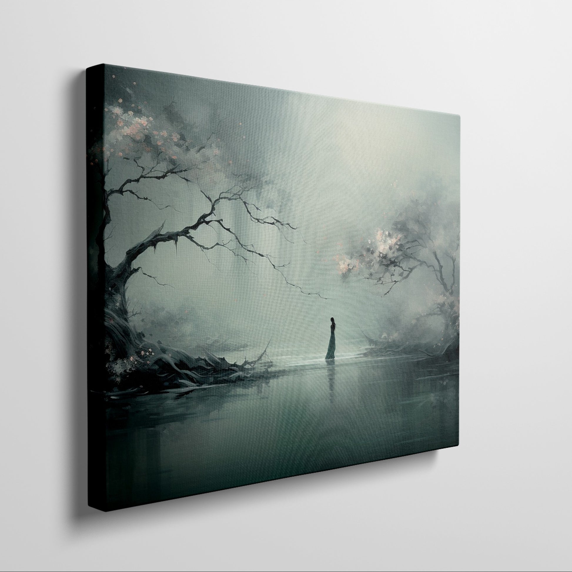 Framed canvas print of a mystical figure amidst ethereal trees and reflective waters, in pastel shades of blue and grey