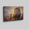 Framed canvas print of a majestic lion against a fiery sunset background