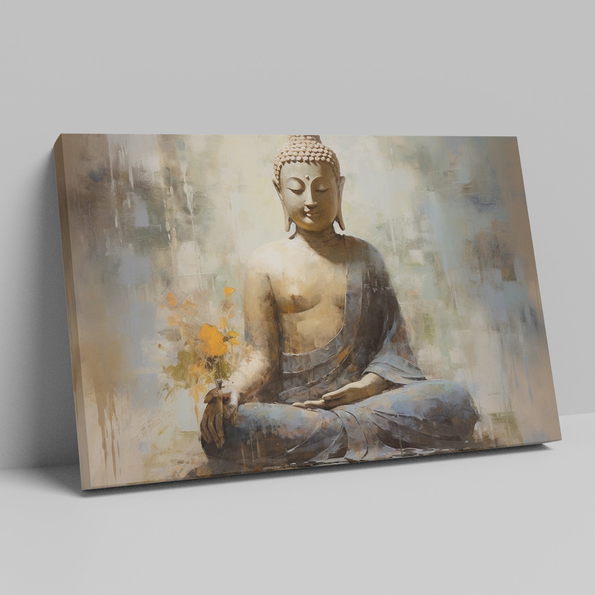 Framed canvas print of a serene meditative Buddha with abstract elements and earthy tones