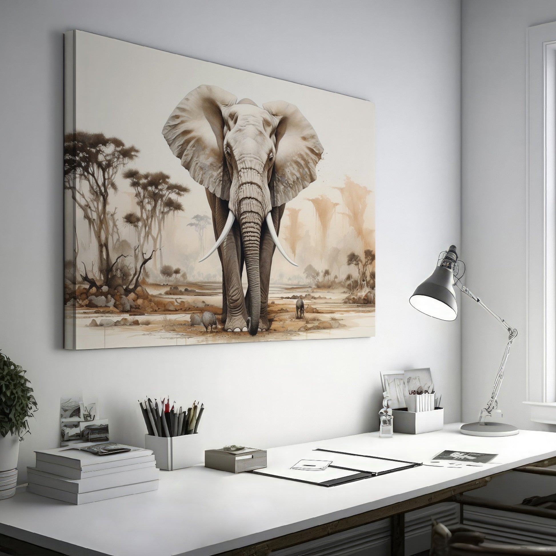 Framed canvas print of a realistic African elephant in a savannah landscape with acacia trees and soft beige tones