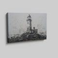 Framed canvas print of a monochrome lighthouse and seagulls on a rocky coastline