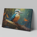 Framed canvas print featuring a vibrant digital art depiction of a kingfisher with autumnal elements