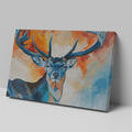 Framed canvas print of a stylized stag with abstract blue and orange background