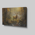 Framed canvas print of a majestic stag in a sunlit autumn forest with golden foliage