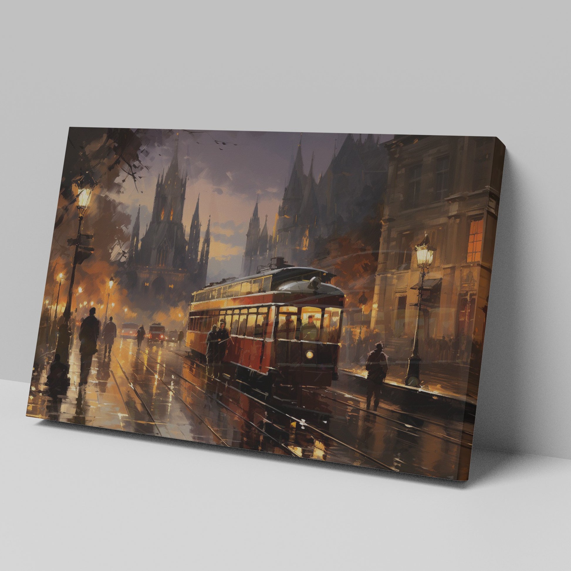 Framed canvas print of a vintage tram travelling through a city with majestic cathedral and warm evening lights reflected on wet streets