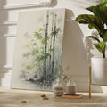 Framed canvas print of tranquil bamboo watercolour painting with soft green leaves and grey tones