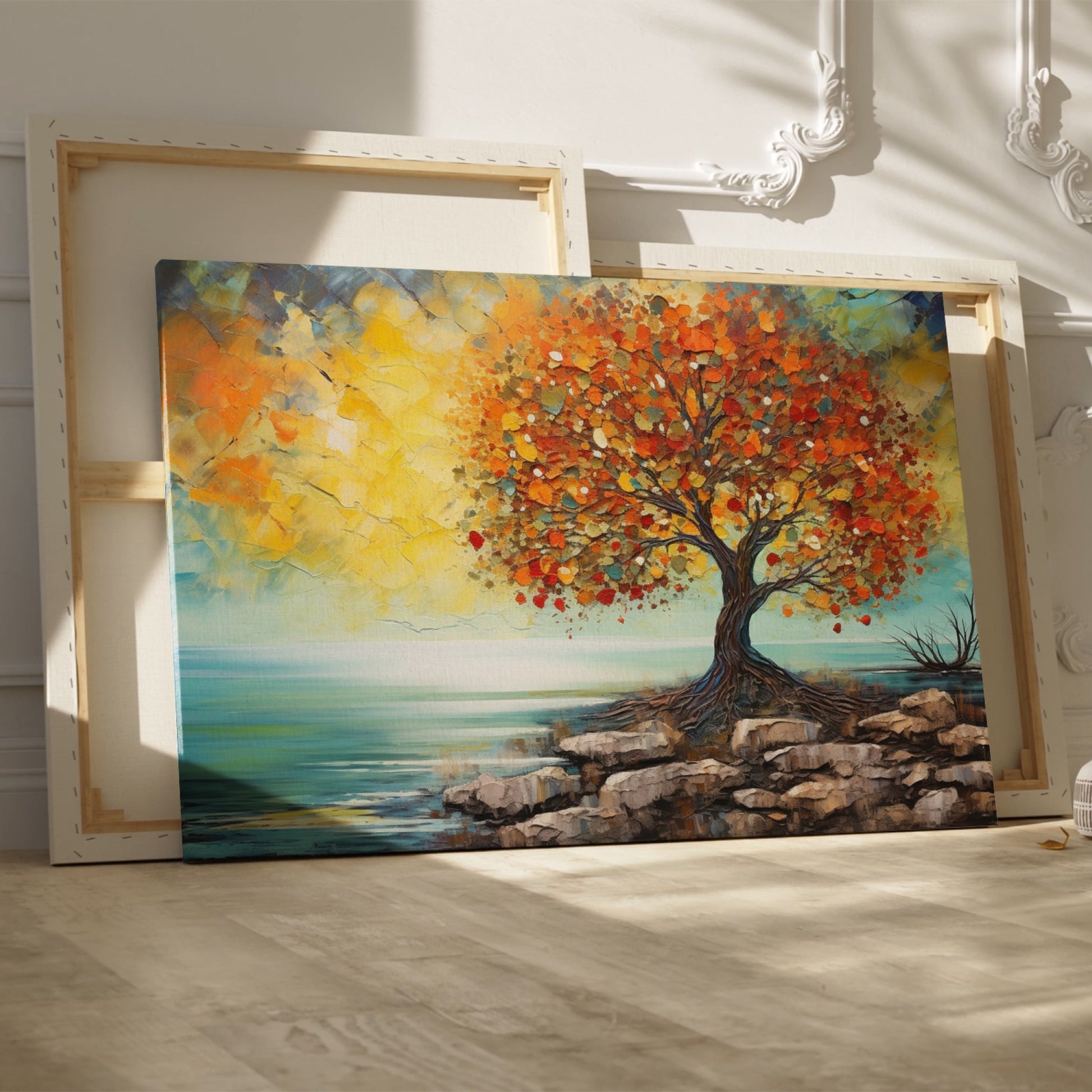 Impressionistic painting of a tree with golden autumn leaves by the coast on canvas