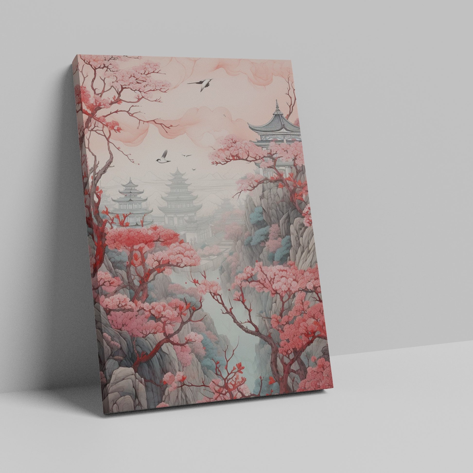 Framed canvas print of an oriental landscape with cherry blossoms and pagodas