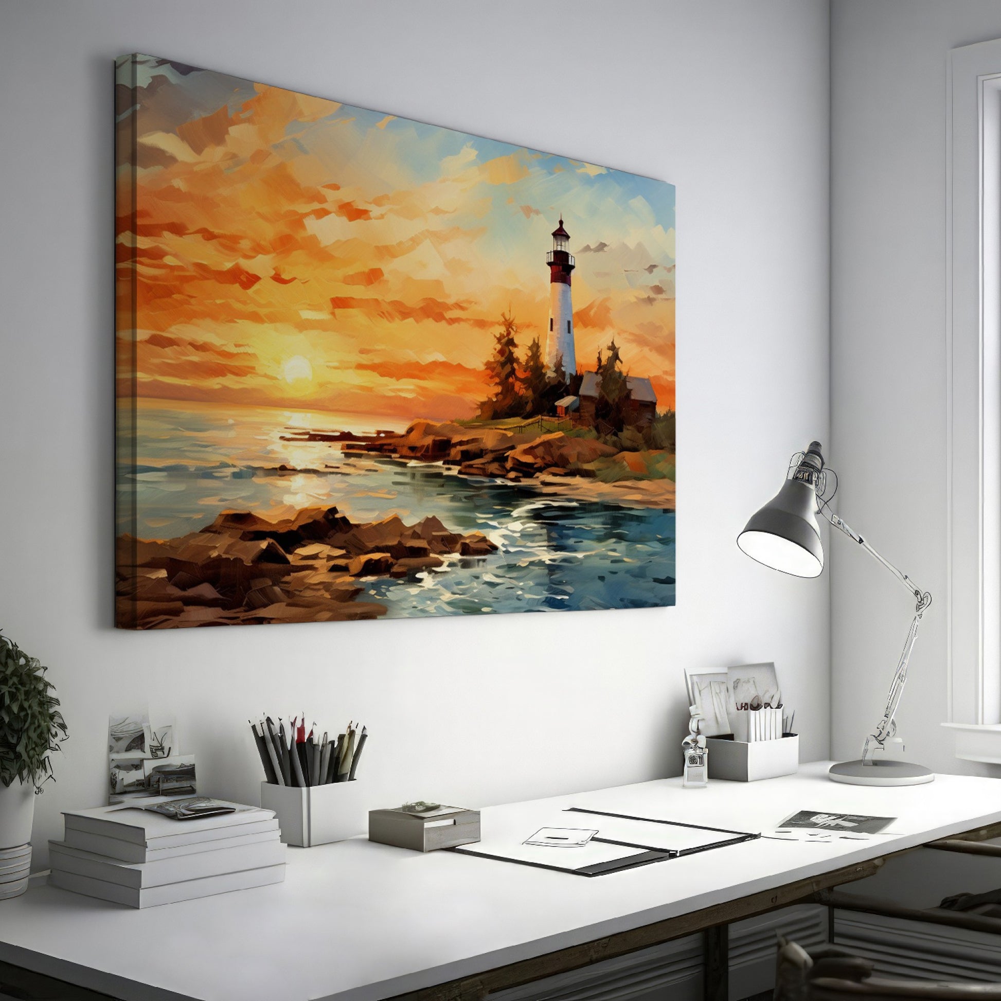 Framed canvas print of a lighthouse overlooking the ocean at sunset with vibrant sky and calm water reflections