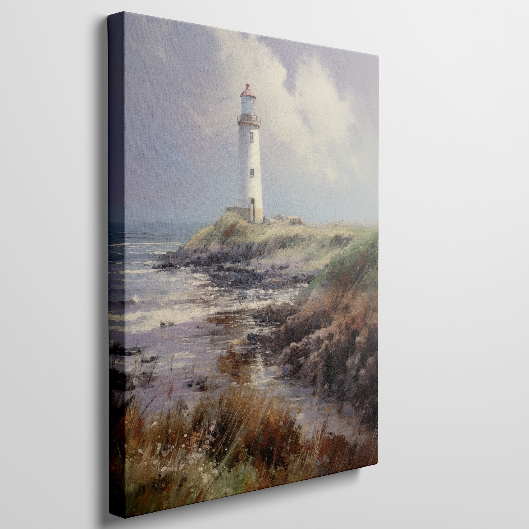 Framed canvas print of a tranquil coastal scene with a lighthouse on a sunny day