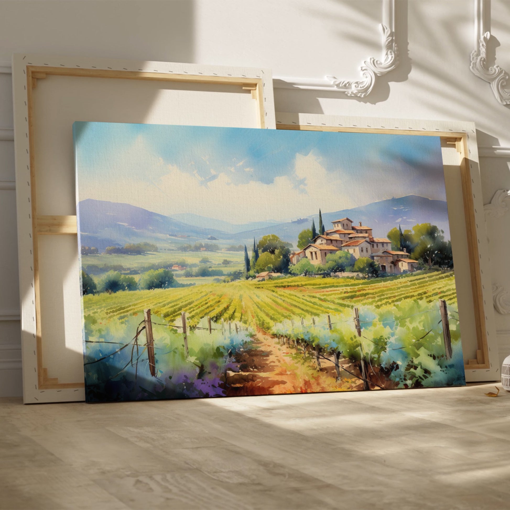 Framed canvas print of a Tuscan landscape with a villa and vineyards