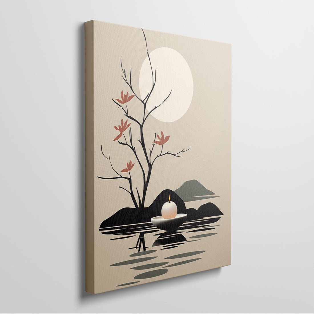 Framed canvas print of minimalist Zen style artwork with tree silhouette and candle