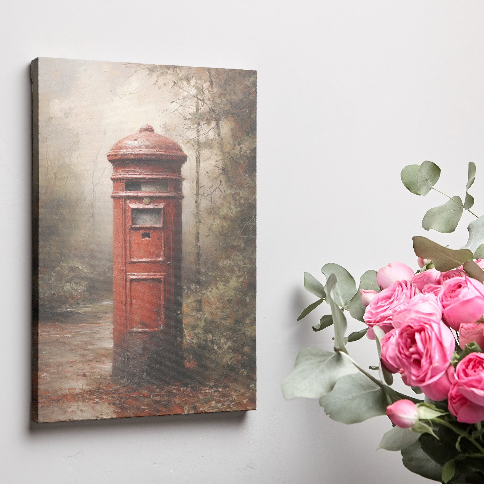 Framed canvas print of an impressionist painting featuring a vintage British red postbox with rustic autumnal background