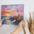 Impressionist painting of a lighthouse at sunset with vibrant red and blue tones and dynamic waves