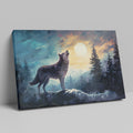 Framed canvas print of a wolf howling at sunset among forest trees