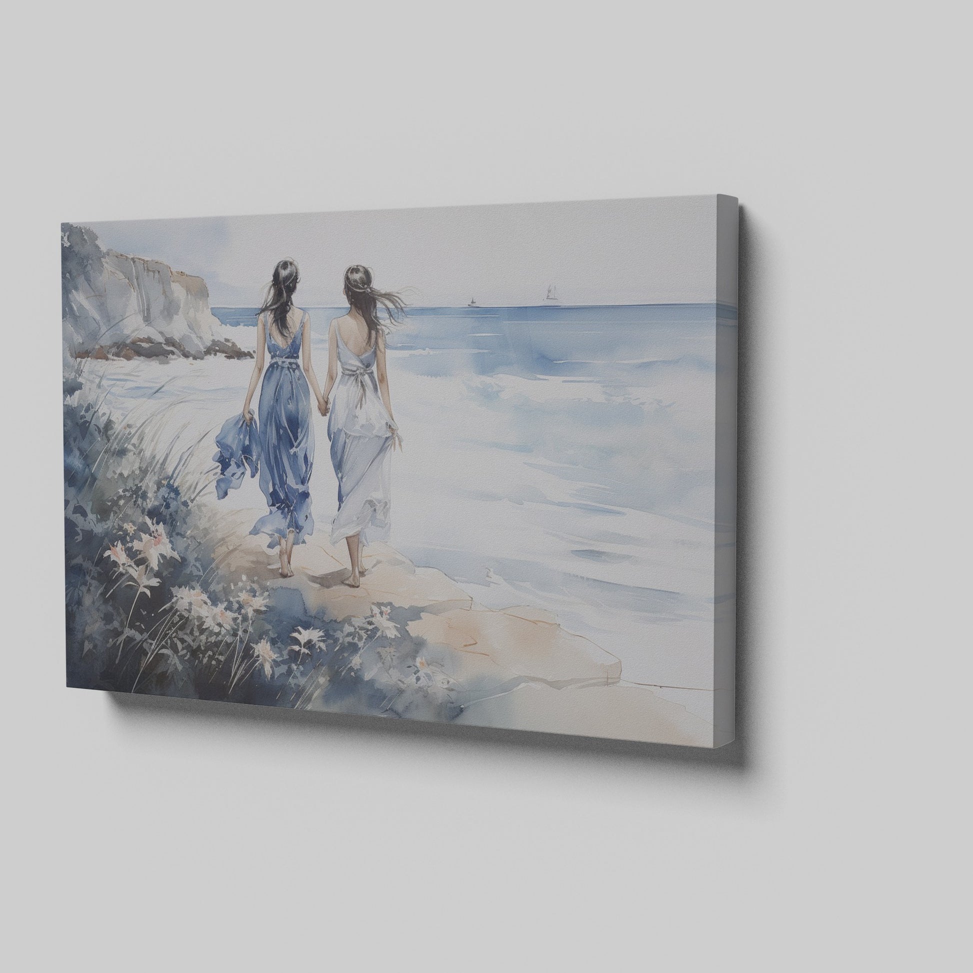 Watercolor painting of two women in blue and white dresses walking along a seaside cliff with a calm ocean backdrop