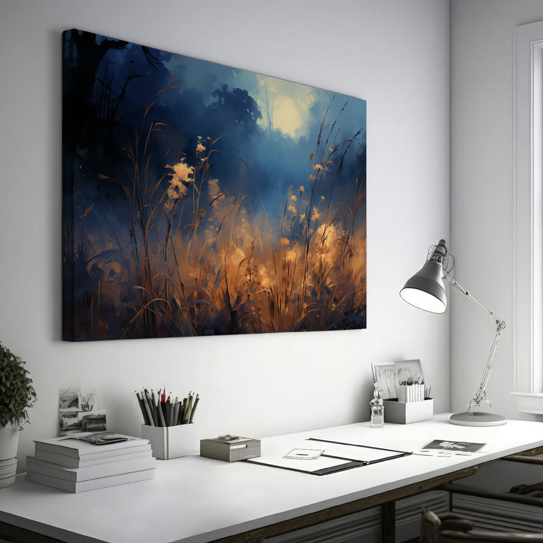 Framed canvas print of an impressionist landscape depicting a misty wilderness at sunrise with a blue and gold colour scheme