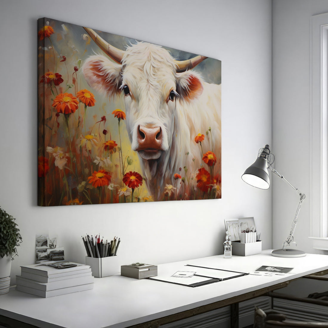 Framed canvas print of realistic cow in a floral setting with warm tones