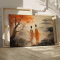 Framed canvas print of oriental scenery with two figures, autumn trees, and a pagoda