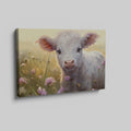 Framed canvas print of a realistic calf in a meadow with pink and yellow flowers