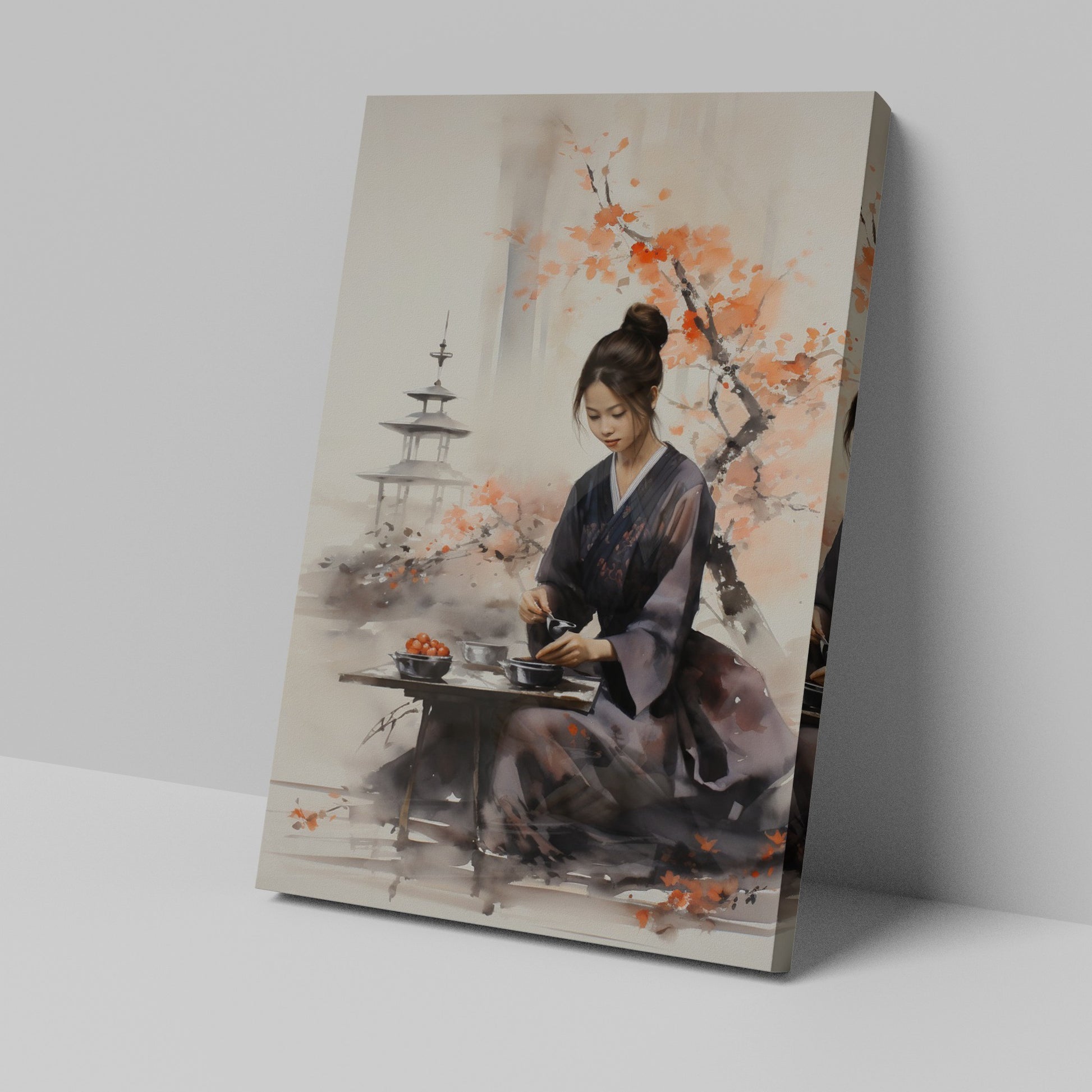 Framed canvas print of a serene Japanese woman in kimono participating in a tea ceremony with cherry blossoms and pagoda in the background