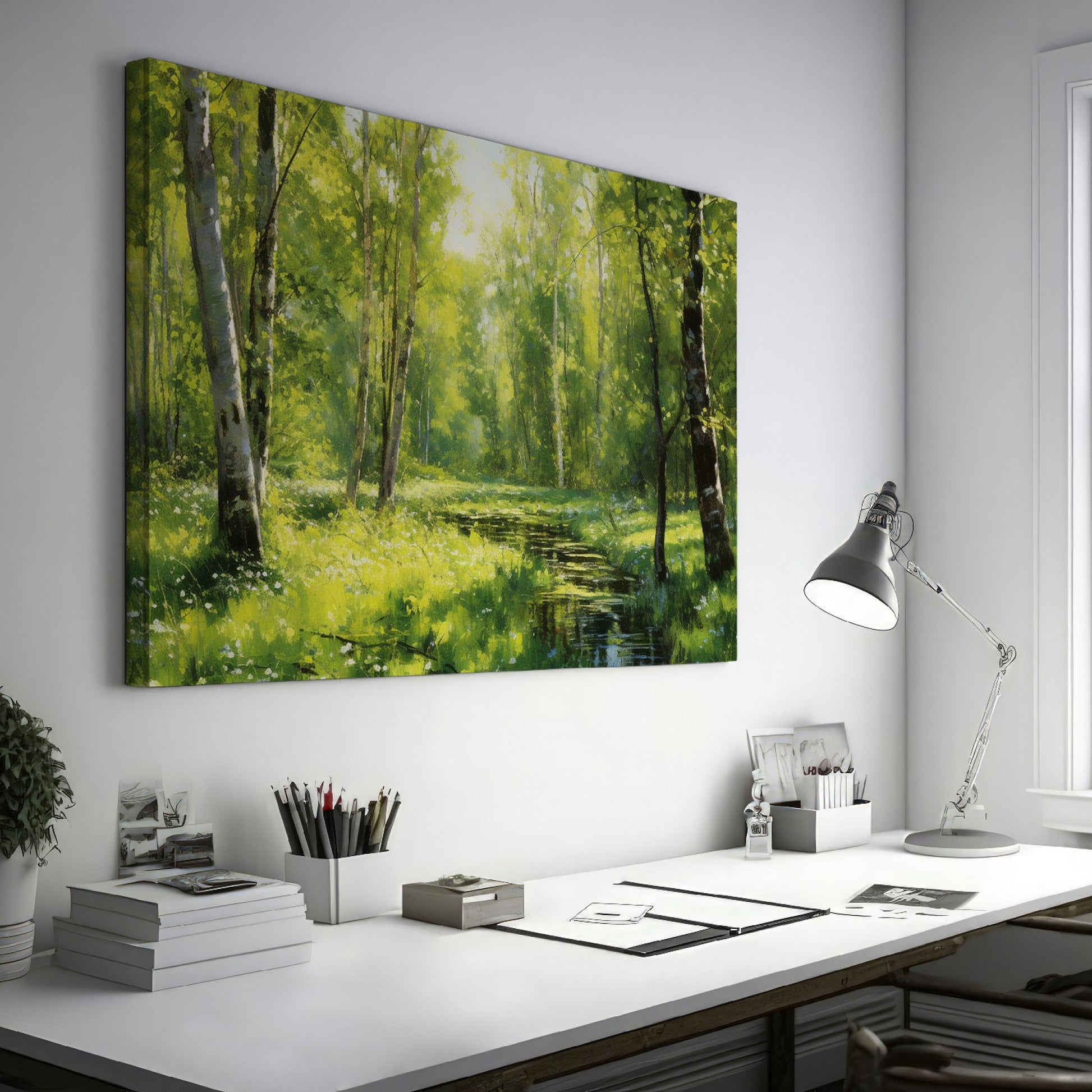 Framed canvas print of a lush forest scene with birch trees and a stream with sunlight filtering through green leaves