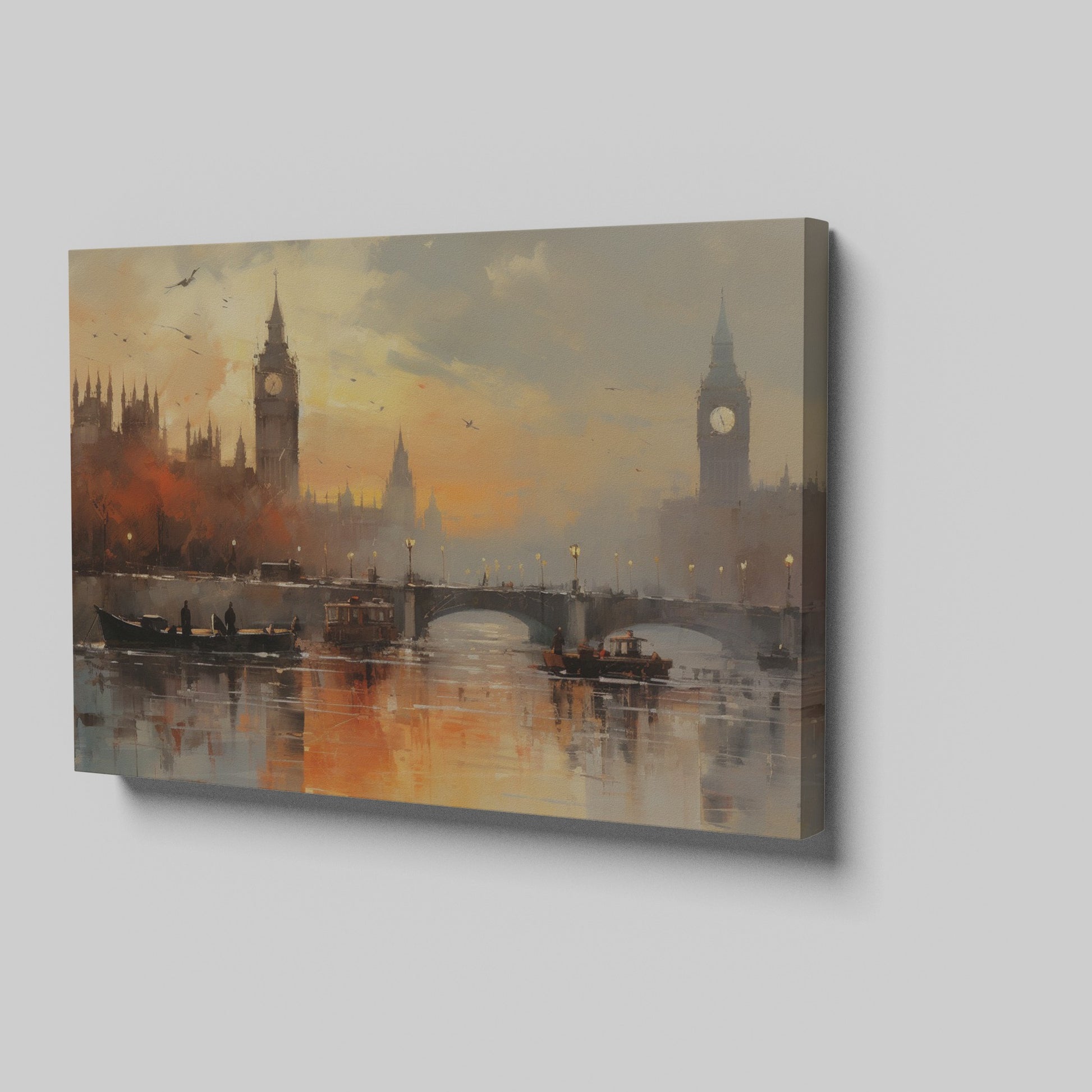 Framed canvas print of London's Big Ben and River Thames during sunset with impressionist style painting