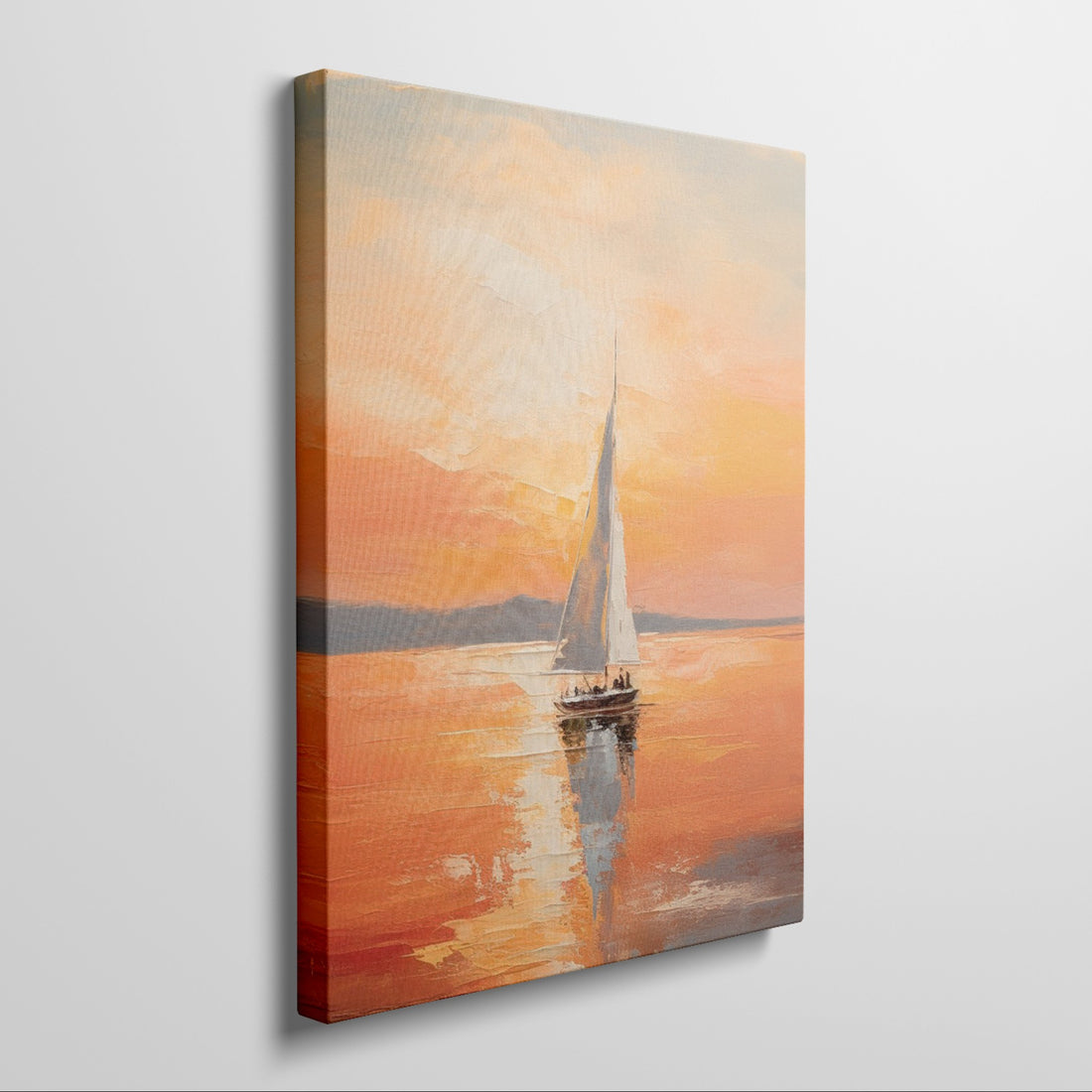 Framed canvas print of an impressionistic sunset seascape with golden colours and a sailboat